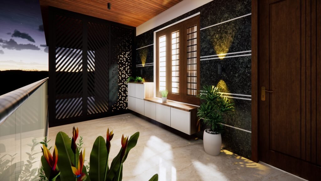 Contemporary entrance area with elegant lighting by Saventure Infra Tech LLP