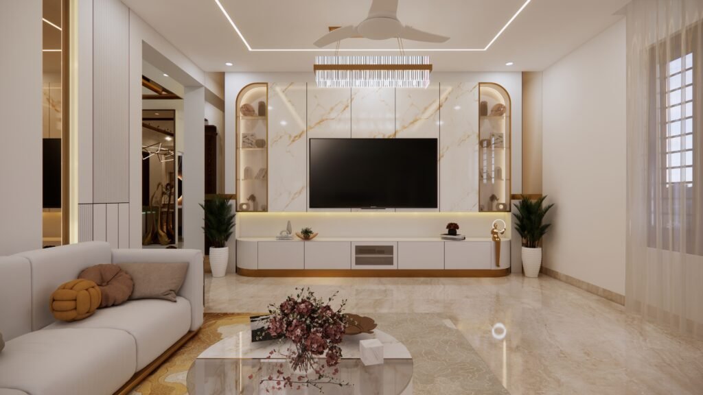 Modern living area with premium furniture and lighting