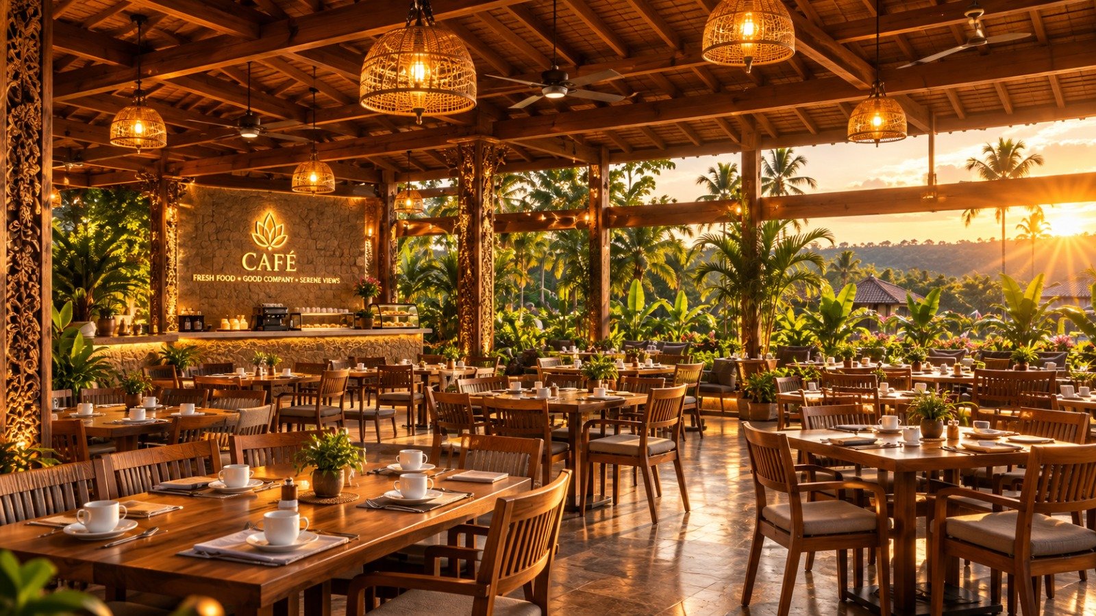 Open-air resort cafe dining area