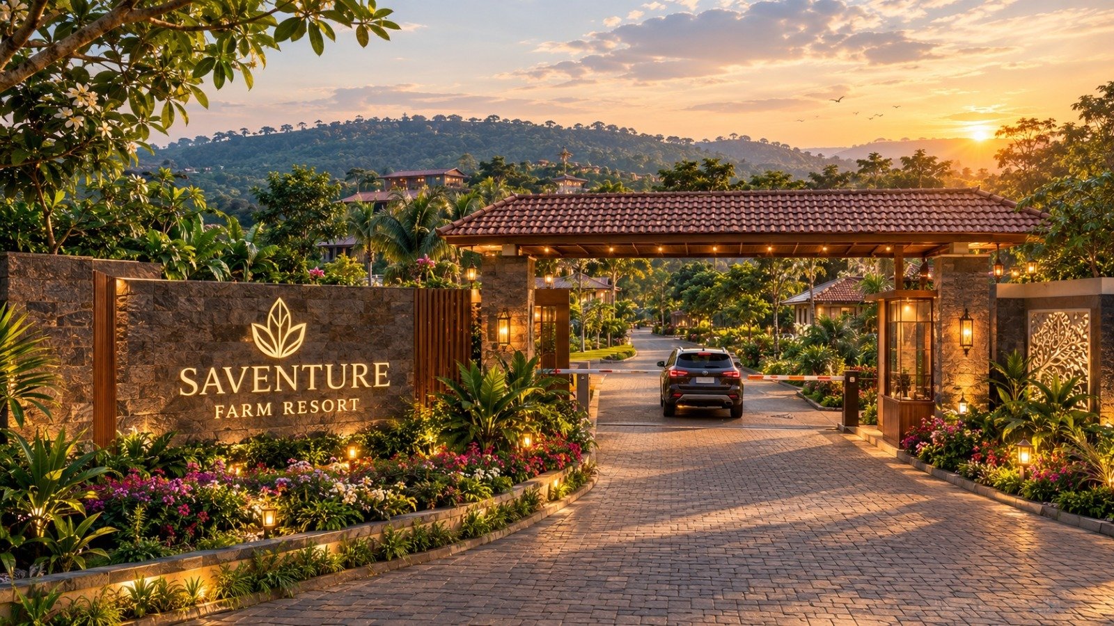 Landscaped entrance and resort gateway